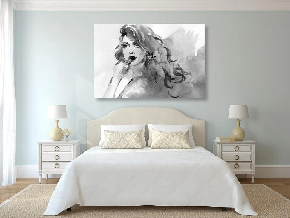 Εικόνα ακουαρέλα γυναικείο πορτρέτο σε ασπρόμαυρο σχέδιο - 60x40