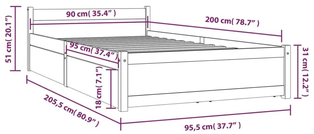 Πλαίσιο Κρεβατιού με Συρτάρια Μαύρο 90 x 200 εκ. - Μαύρο