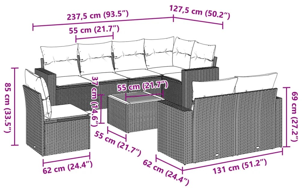 vidaXL Σαλόνι Κήπου Σετ 9 Τεμαχίων Γκρι Συνθετικό Ρατάν με Μαξιλάρια