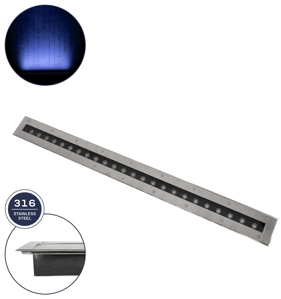 GloboStar® UNDERGROUND-REMVI 90194-B Χωνευτό Φωτιστικό Wall Washer Δαπέδου LED 18W 1440lm 10° DC 24V Αδιάβροχο IP68 L100 x W9 x H7.2cm Μπλε - Ανοξείδωτο Ατσάλι - 3 Years Warranty