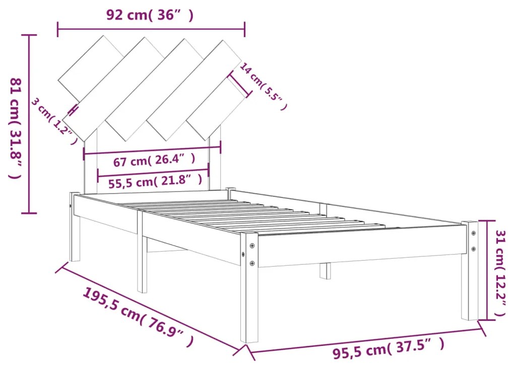 vidaXL Πλαίσιο Κρεβατιού 90 x 190 εκ. από Μασίφ Ξύλο Single