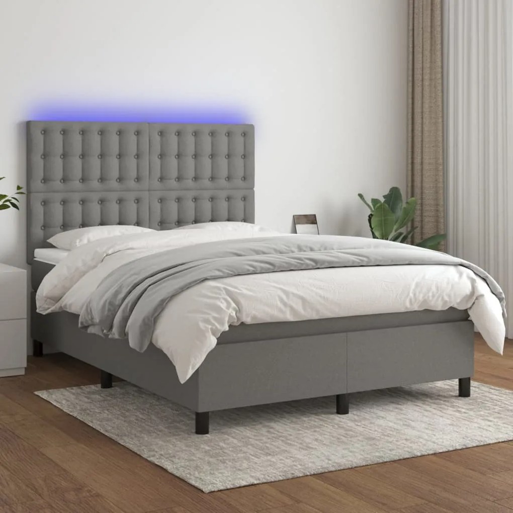 vidaXL Κρεβάτι Boxspring με Στρώμα & LED Σκ.Γκρι 140x200 εκ Υφασμάτινο