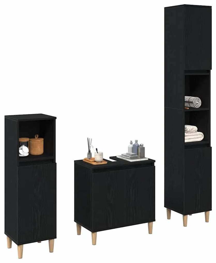 vidaXL Σετ Επίπλων Μπάνιου με αποθήκευση 3 pcs Μαύρο 30 x 30 x 180 cm