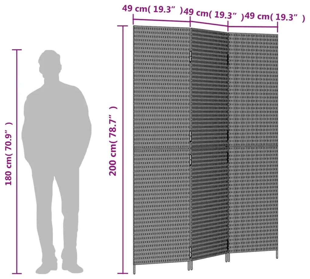 Διαχωριστικό Δωματίου 3 Πάνελ Μαύρο από Συνθετικό Ρατάν - Μαύρο