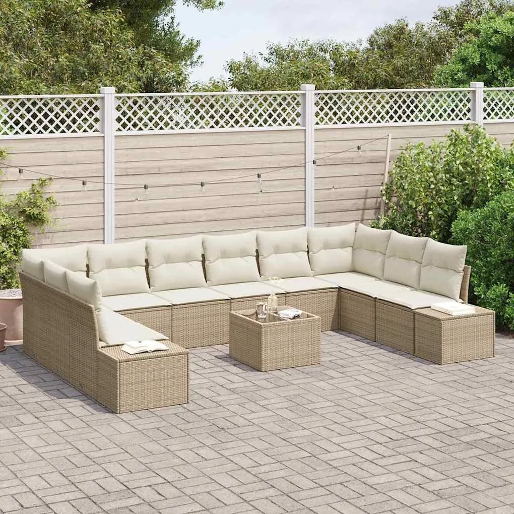 vidaXL Σετ Καναπέ Κήπου με μαξιλάρι 11 pcs Μπεζ Πολυ ράταν