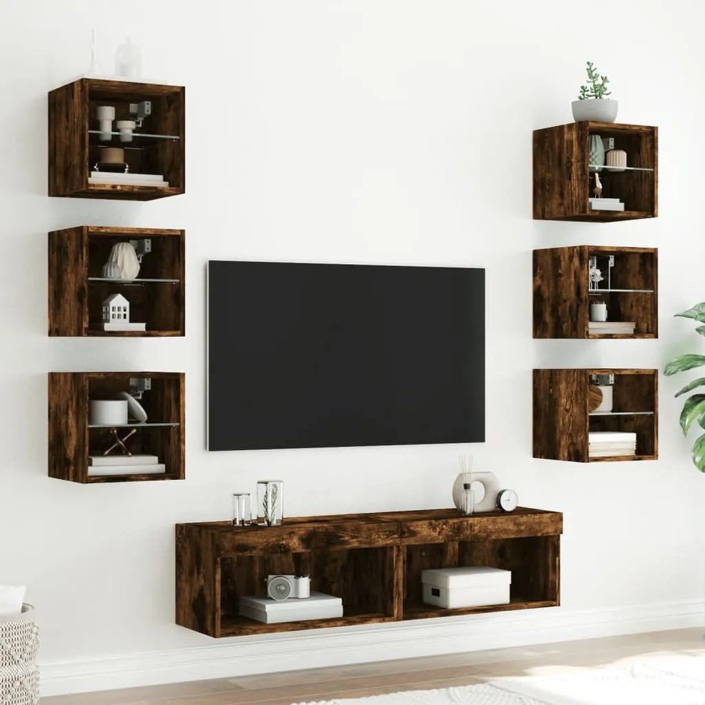 vidaXL Έπιπλα Τοίχου Τηλεόρασης 8 τεμ LED Καπνιστή Δρυς από Επεξ. Ξύλο