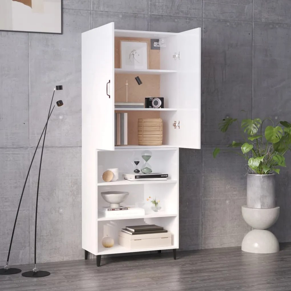 vidaXL Μπουφές Γυαλιστερό Λευκό 69,5x32,5x180 εκ. Επεξεργασμένο Ξύλο