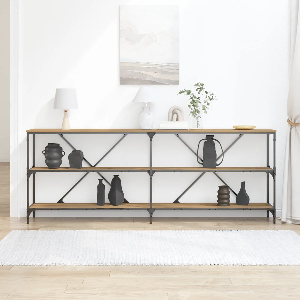 vidaXL Τραπέζι κονσόλας από ξύλο δρυός 200x30x75 εκ. από εξελιγμένο ξύλο και ατσάλι