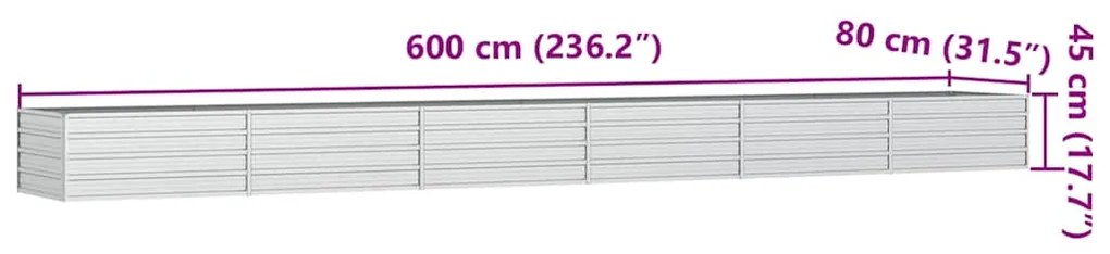 vidaXL Ζαρντινιέρα Υπερυψωμένη Ασημί 600x80x45 εκ. Γαλβανισμ. Χάλυβας