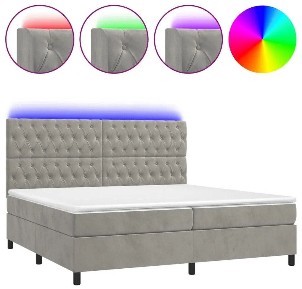 vidaXL Κρεβάτι Boxspring με Στρώμα & LED Αν.Γκρι 200x200 εκ. Βελούδινο