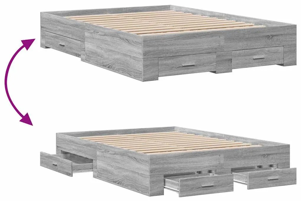 vidaXL Πλαίσιο Κρεβατιού με συρτάρια Γκρι sonoma 135x190εκ. Επεξ. Ξύλο