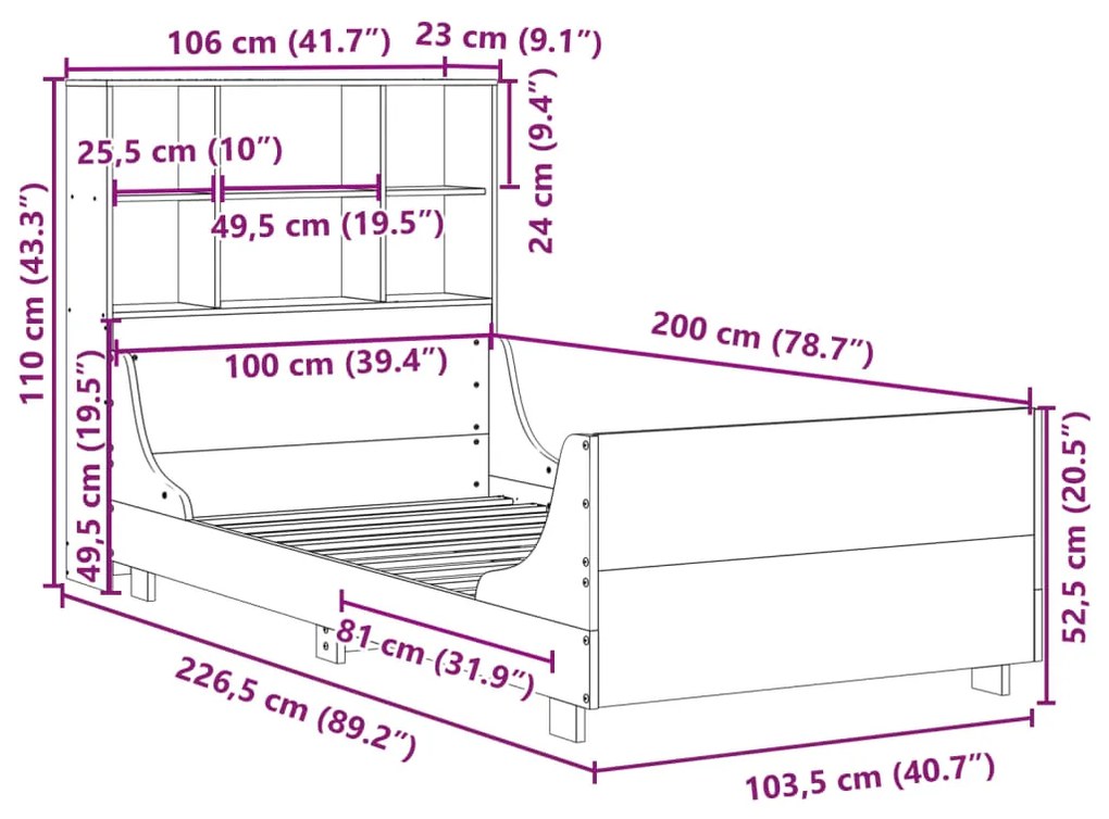 Κρεβάτι Βιβλιοθήκη Χωρίς Στρώμα 100x200 εκ Μασίφ Πεύκο - Καφέ