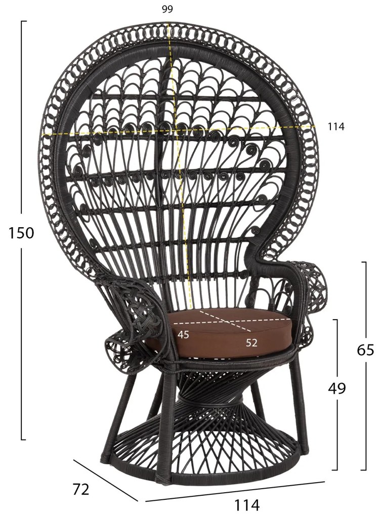 Καρέκλα - Πολυθρόνα ROYAL PEACOCK C9342.03 Μαύρο Rattan με Καφέ Μαξιλάρι 114x72x150Yεκ. 114x72x150 εκ.