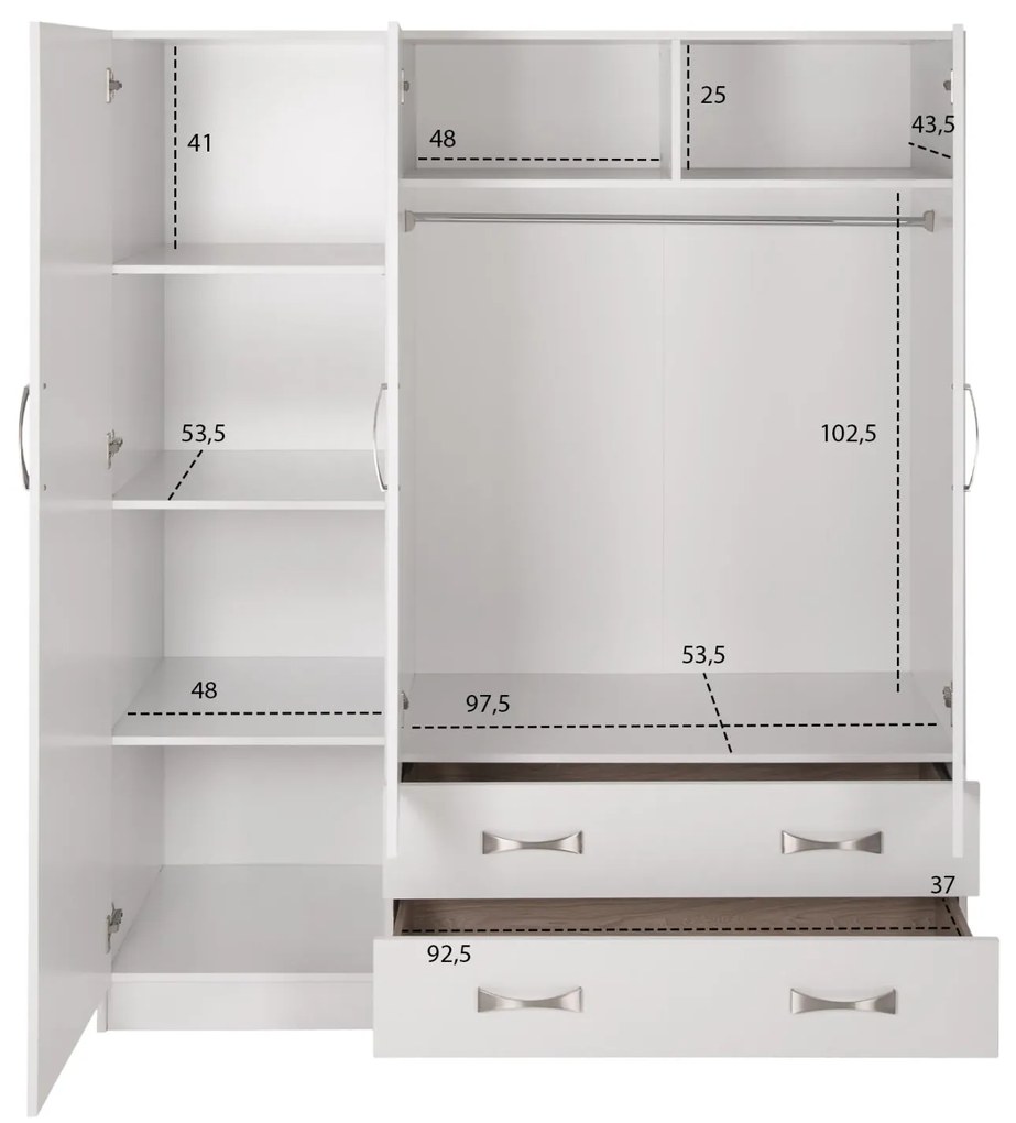 Ντουλάπα CARLY Τρίφυλλη με 2 Συρτάρια Λευκή 150X55Χ180Υεκ. 150x55x180 εκ.