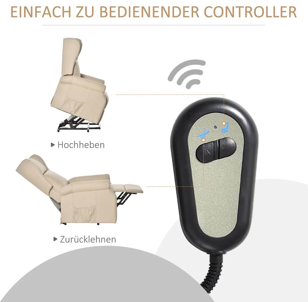 HOMCOM Ηλεκτρική πολυθρόνα ανάκλισης με λειτουργία ανύψωσης, πολυθρόνα για ηλικιωμένους με βοήθεια ανύψωσης, έως 200 κιλά, 72,5x94x109cm, Κρεμ