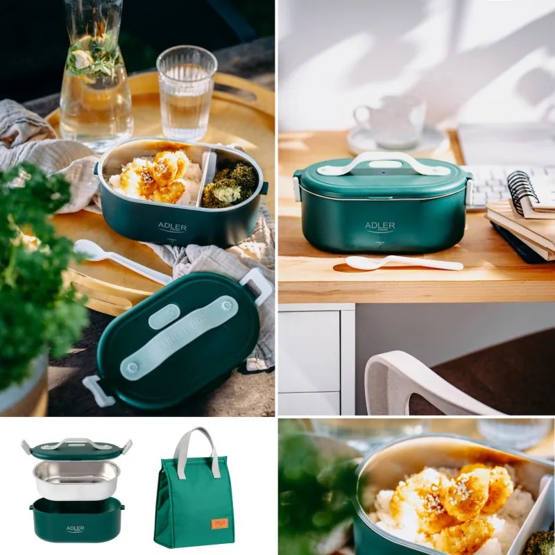 Ηλεκτρικό κουτί φαγητού Adler AD 4522, 45W, 0.8 l, Μέχρι 70C, Δοχείο από ανοξείδωτο ατσάλι, Θερμοσακούλα, Πράσινο