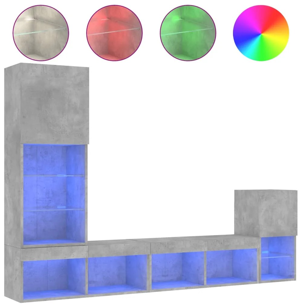 vidaXL Έπιπλα Τοίχου Τηλεόρασης 4 τεμ. LED Γκρι Σκυρ. από Επεξ. Ξύλο