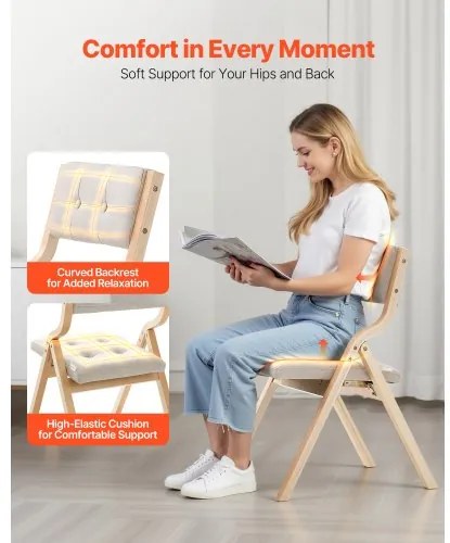 VEVOR Wooden Folding Chairs with Padded Cushion and Wooden Frame Beige Set of 4