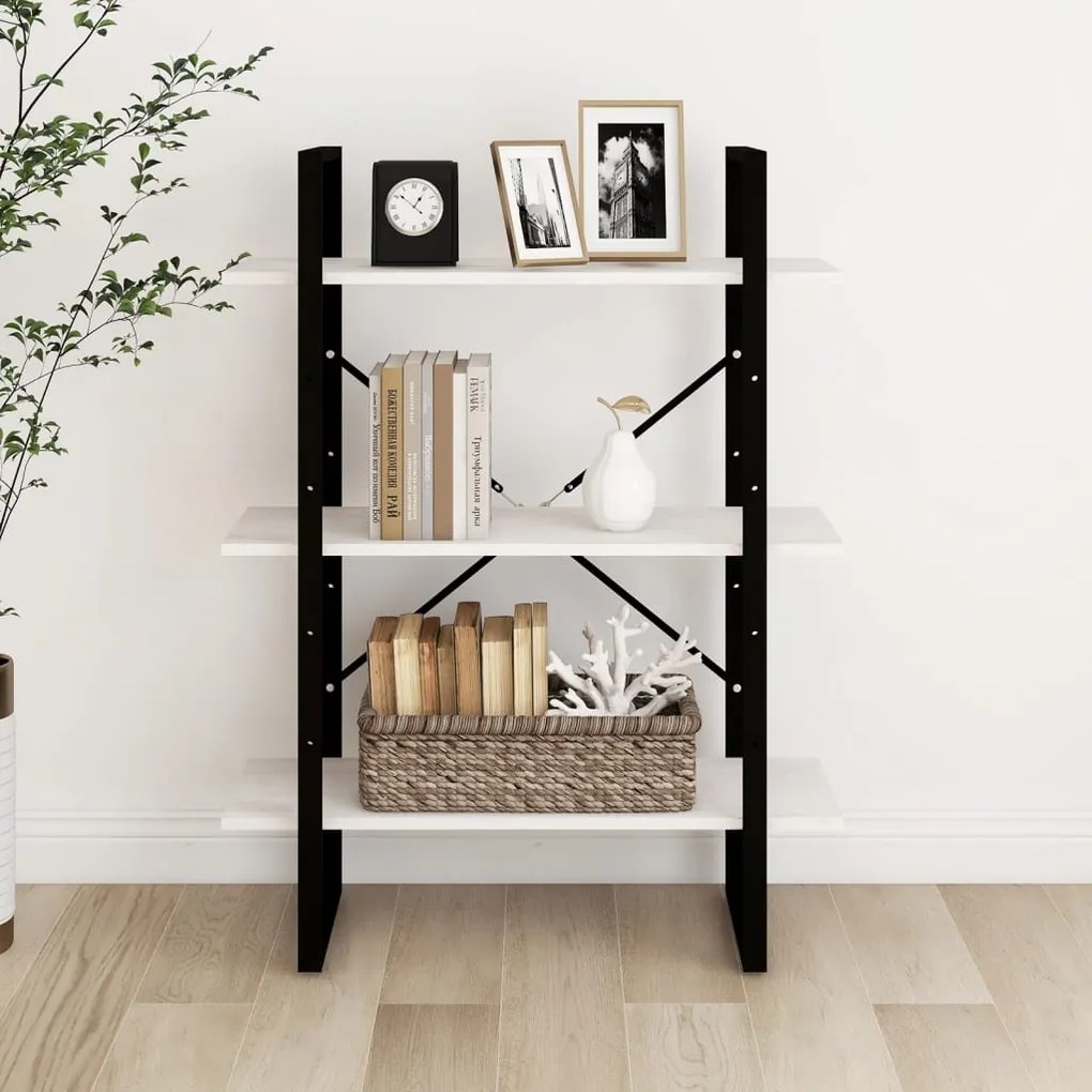 vidaXL Βιβλιοθήκη με 3 Ράφια Λευκή 80x30x105 εκ. από Μασίφ Ξύλο Πεύκου