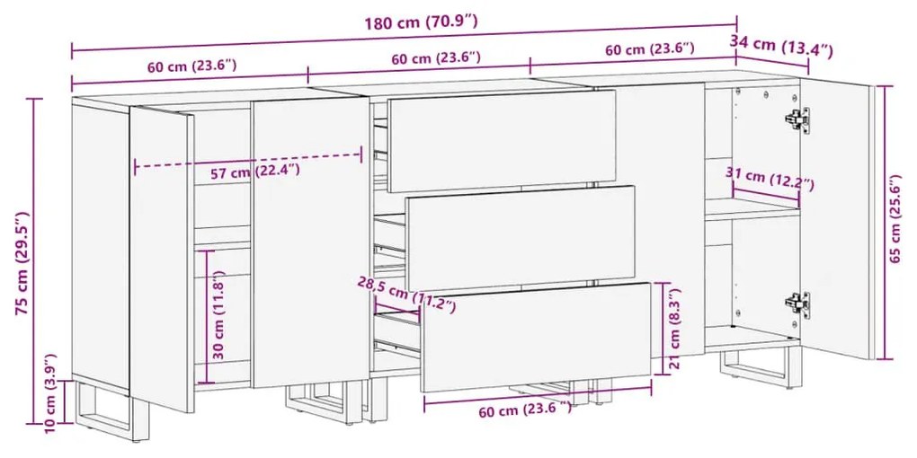 Ντουλάπια 3 Τεμ. 60x34x75 εκ. από Μασίφ Ξύλο Μάνγκο - Καφέ