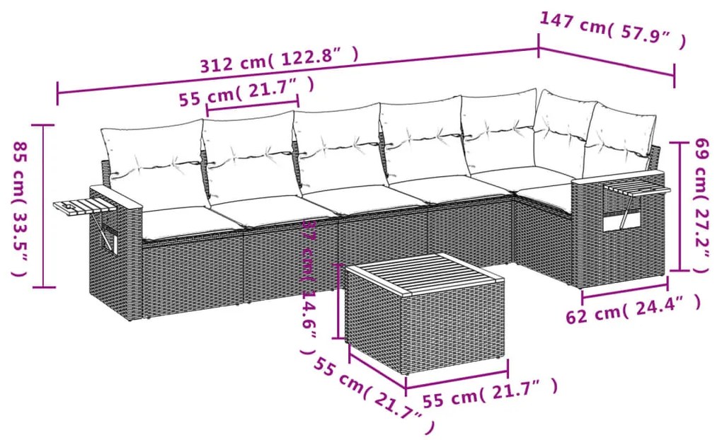 vidaXL Καναπές Σετ 7 Τεμαχίων Μαύρο Συνθετικό Ρατάν με Μαξιλάρια