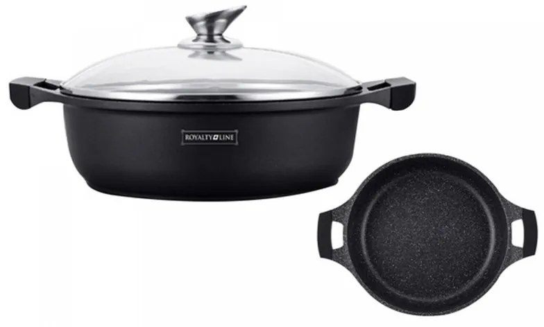 Κατσαρόλα Royalty Line RL-BR30ML, 30 cm, 4.8 l, αντικολλητική επίστρωση μαρμάρου, γυάλινο καπάκι, χωρίς PFOA, επαγωγική, μαύρο