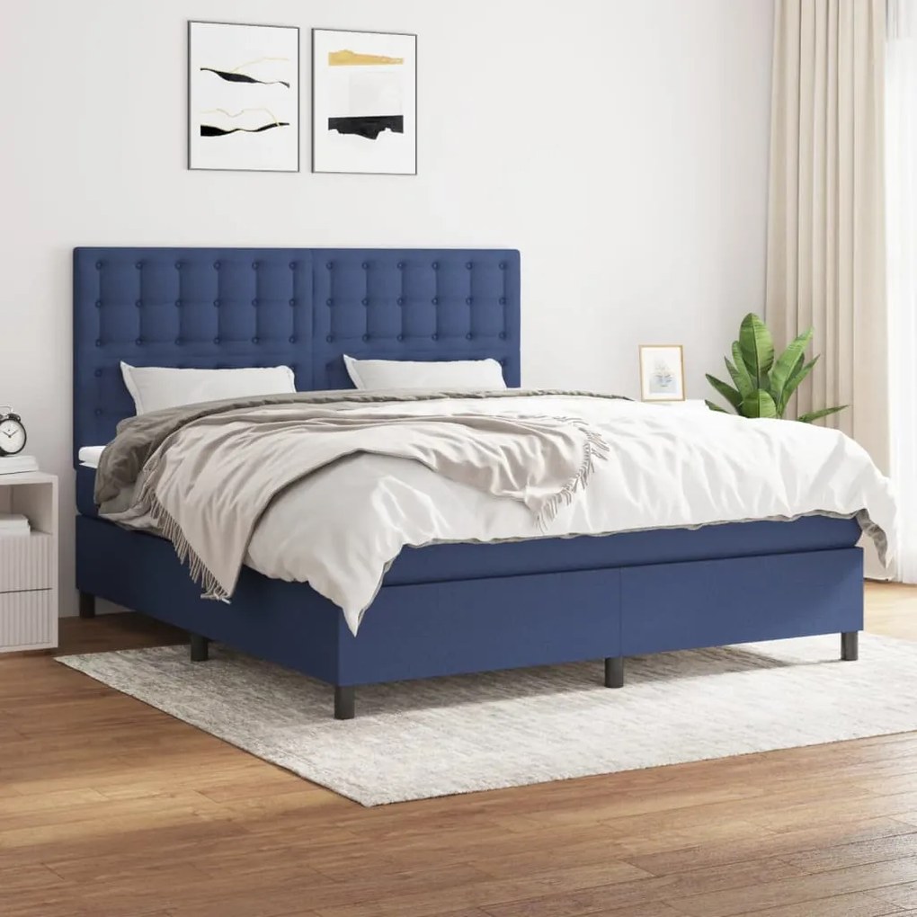 Κρεβάτι Boxspring με Στρώμα Μπλε 160x200 εκ. Υφασμάτινο