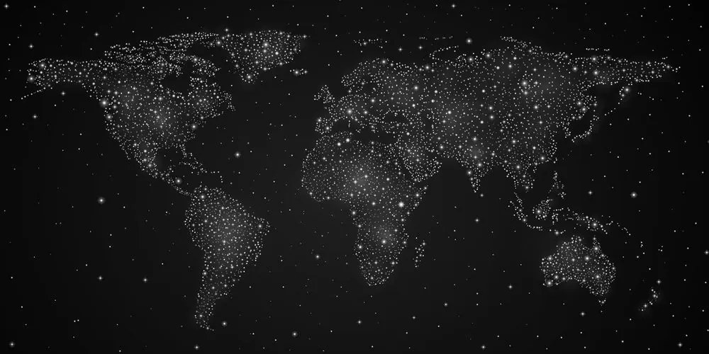 Εικόνα στον παγκόσμιο χάρτη από φελλό με νυχτερινό ουρανό σε ασπρόμαυρο σχέδιο - 100x50  wooden