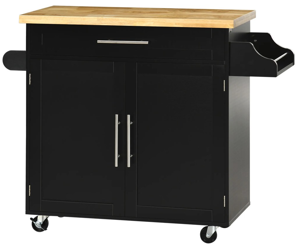 HOMCOM Τρόλεϊ Κουζίνας, Νησίδα Κουζίνας, 1 ράφι μπαχαρικών, 1 κρεμάστρα πετσετών, 109 cm x 40 cm x 89 cm, Μαύρο