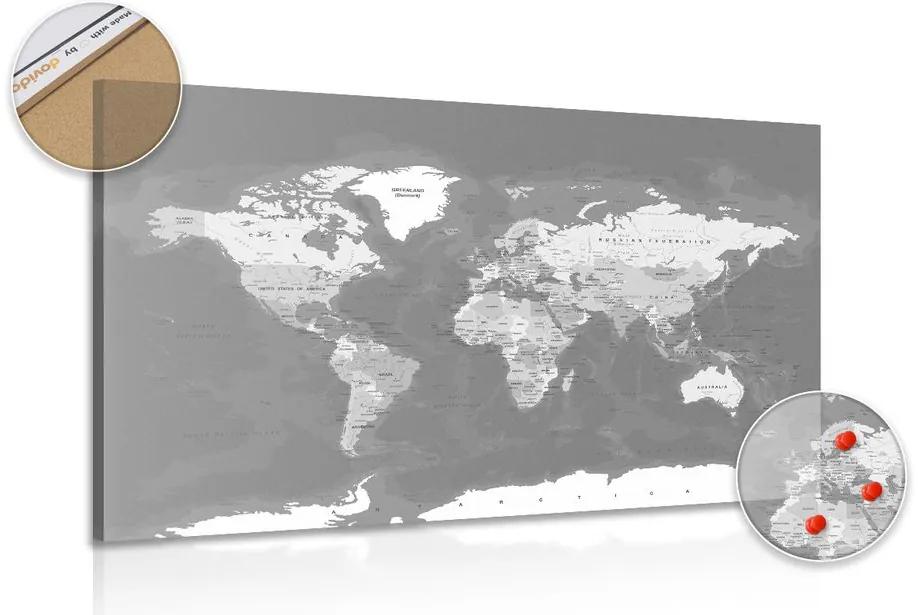 Εικόνα στο φελλό με κομψό vintage ασπρόμαυρο παγκόσμιο χάρτη - 120x80  arrow