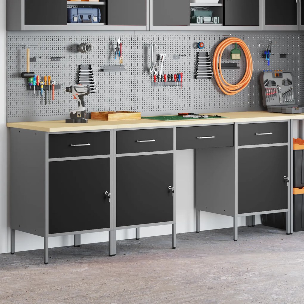 vidaXL Set εργασίας 4 τεμαχίων  με cabinet και τραπέζι Μαύρο Επεξεργασμένο ξύλο και Χάλυβα