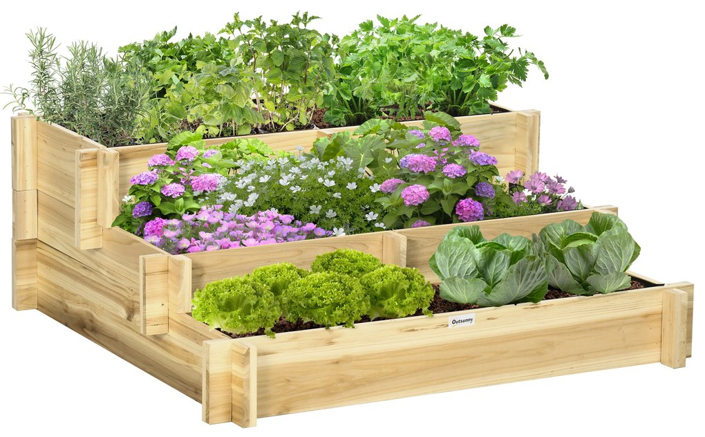 Outsunny Υπερυψωμένο παρτέρι, Γλάστρα, 3 επιπέδων, Άνοιγμα αποστράγγισης, Υφασμάτινη επένδυση, Φυσικό ξύλο, 93 x 93 x 35 cm