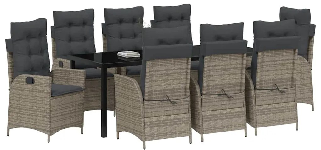 vidaXL Σέτ φαγητού για κήπο με μαξιλάρι 9 pcs Γκρι συνθετικό ρατάν