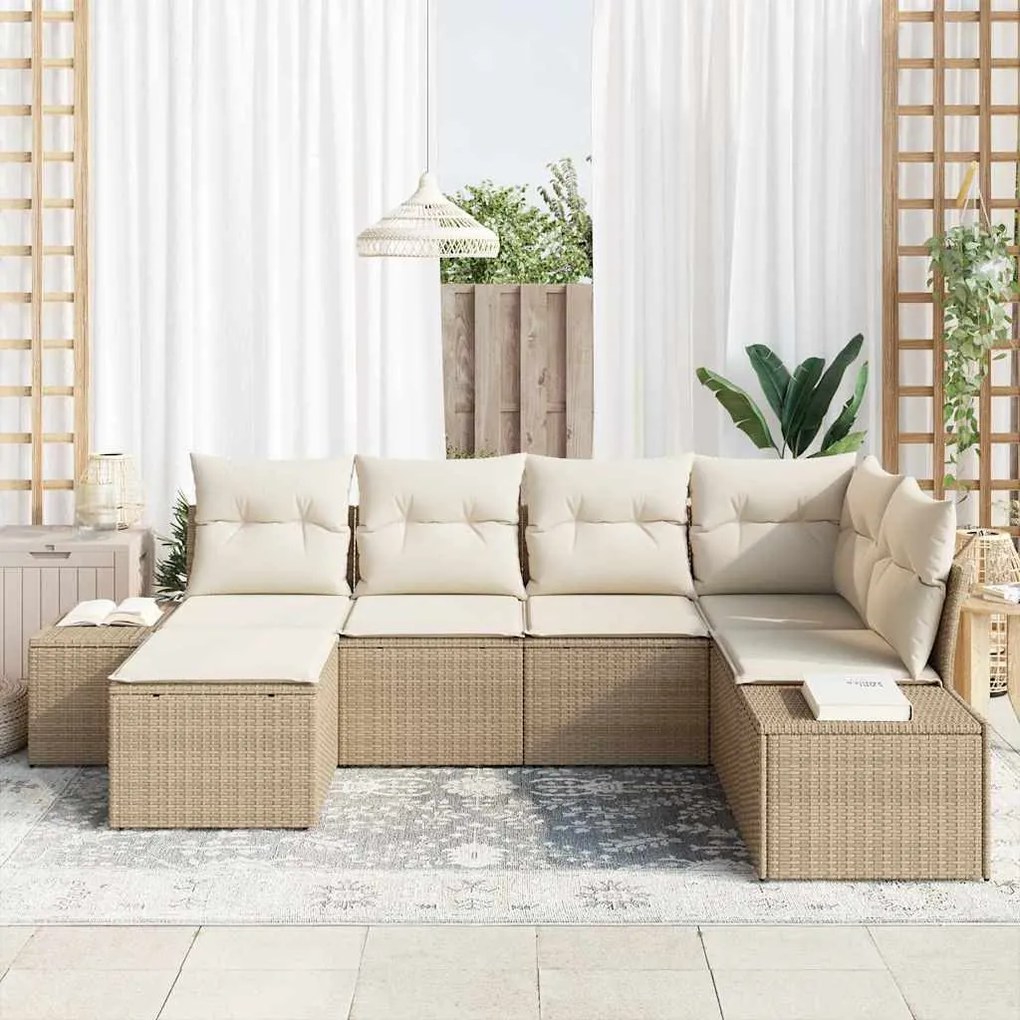 vidaXL Σετ Καναπέ Κήπου με μαξιλάρι 6 pcs Μπεζ και Κρεμ. Πολυ ράταν