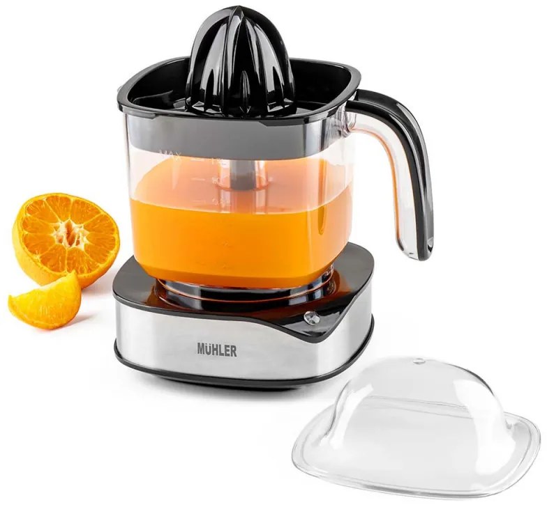 Πρέσα εσπεριδοειδών Muhler MJ-4020, 40 W, 1,2 λίτρα, Dvoposochno κίνηση, Ενδεικτική λυχνία, 2 κώνοι, Cheren/Inox.