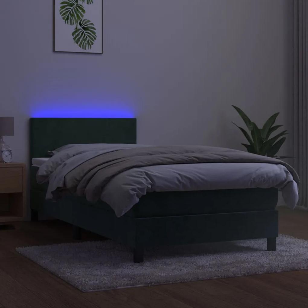 vidaXL Κρεβάτι Boxspring με Στρώμα & LED Σκ. Πράσινο 100x200εκ Βελούδο
