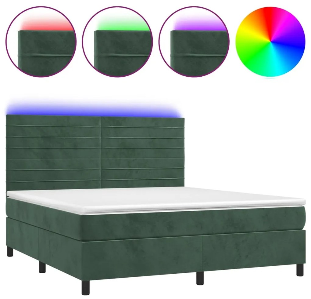 vidaXL Κρεβάτι Boxspring με Στρώμα & LED Σκ. Πράσινο 160x200εκ Βελούδο