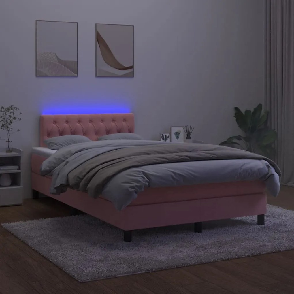 vidaXL Κρεβάτι Boxspring με Στρώμα &amp; LED Ροζ 120x190 εκ. Βελούδινο