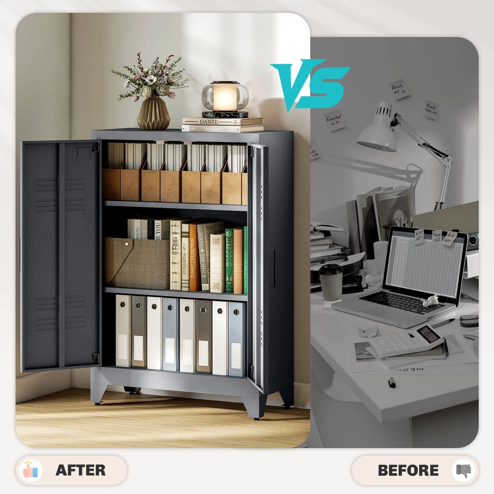 HOMCOM Ντουλάπι Αρχειοθέτησης με Πόρτες Περσίδες, Ντουλάπι Αποθήκευσης, Μεταλλικό Ντουλάπι με 2 Ρυθμιζόμενα Ράφια, 75 x 33 x 110 cm, Γκρι