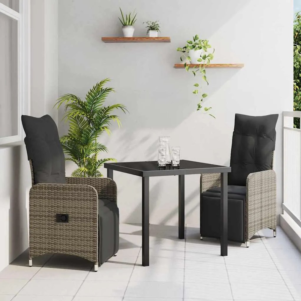 vidaXL Σέτ φαγητού για κήπο με μαξιλάρι 3 pcs Γκρι Πολυ ράταν