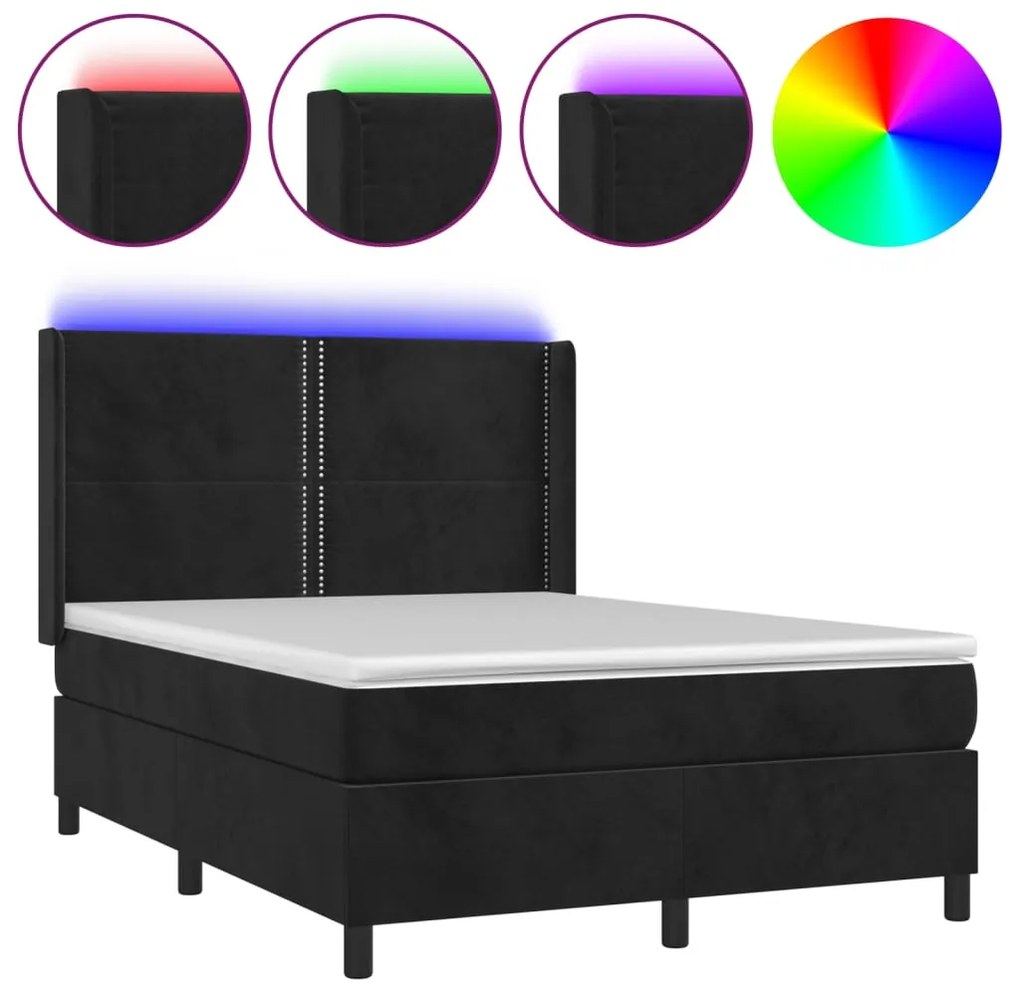 vidaXL Κρεβάτι Boxspring με Στρώμα & LED Μαύρο 140x190 εκ. Βελούδινο