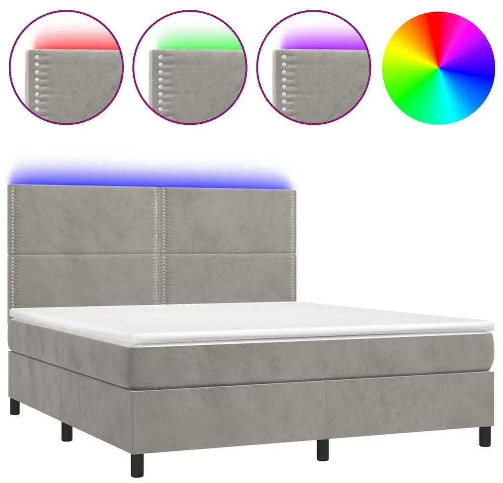 vidaXL Κρεβάτι Boxspring με Στρώμα & LED Αν.Γκρι 180x200 εκ. Βελούδινο