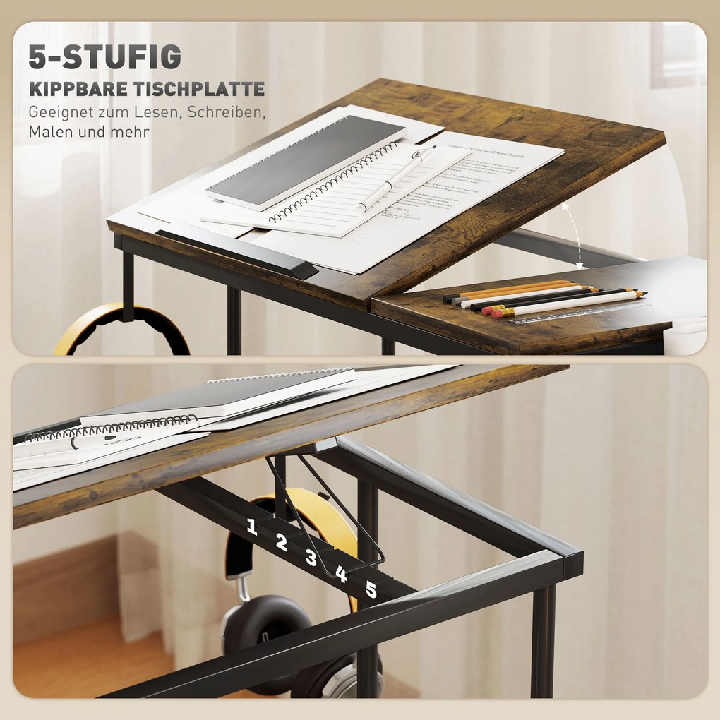 HOMCOM Ρυθμιζόμενο ύψος γραφείο με κλίση επιφάνειας εργασίας, τροχούς, ράφι αποθήκευσης, για γραφή, ανάγνωση, σχέδιο, καφέ