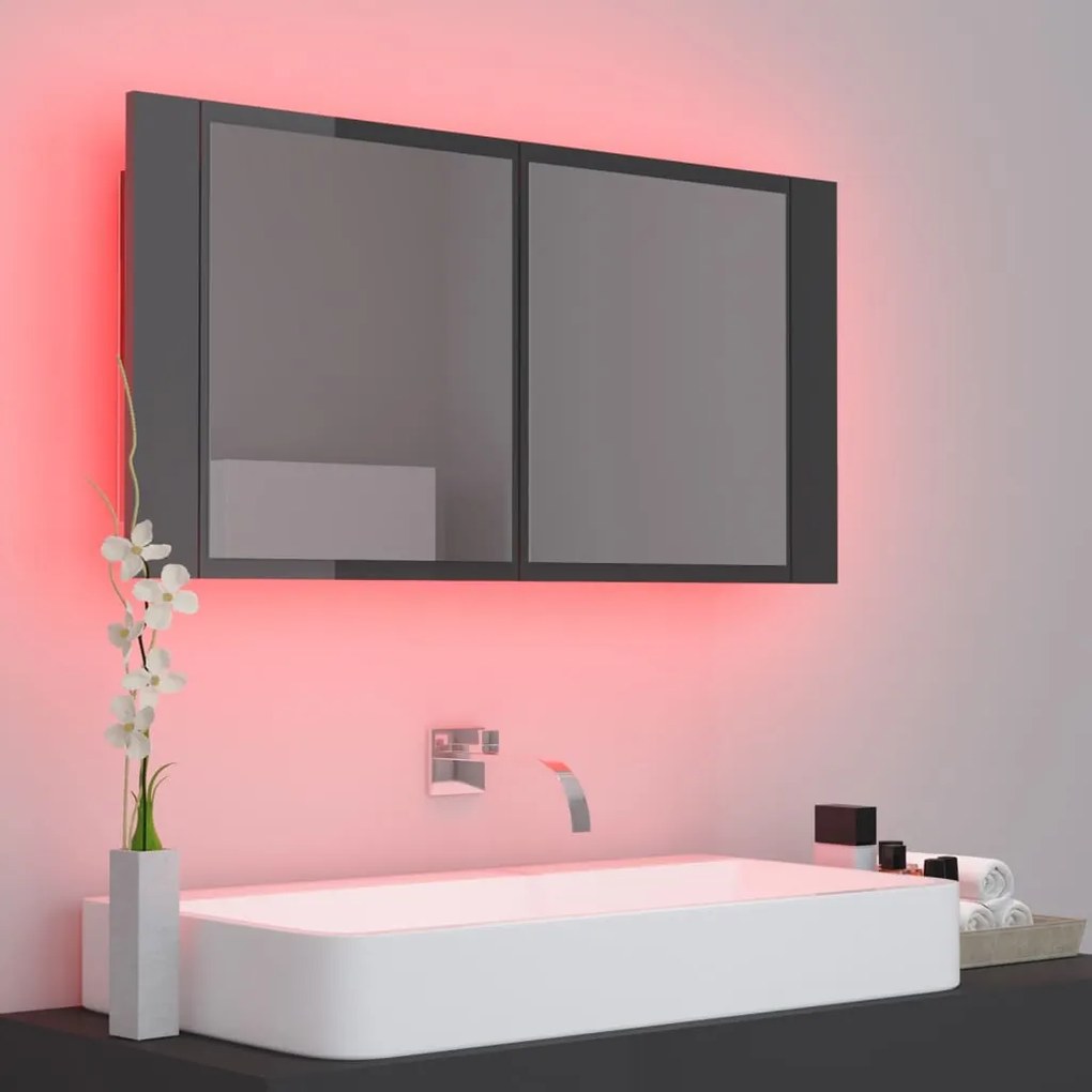 vidaXL Ντουλάπι Μπάνιου με Καθρέφτη & LED Γυαλιστερό Γκρι Ακρυλικός