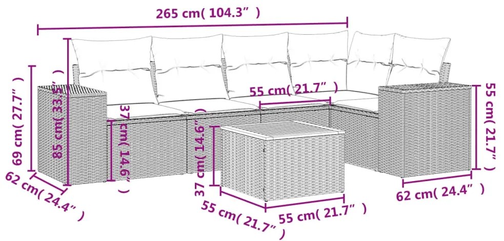 vidaXL Καναπές Κήπου 6 Τεμαχίων Μαύρο από Συνθετικό Ρατάν με Μαξιλάρια