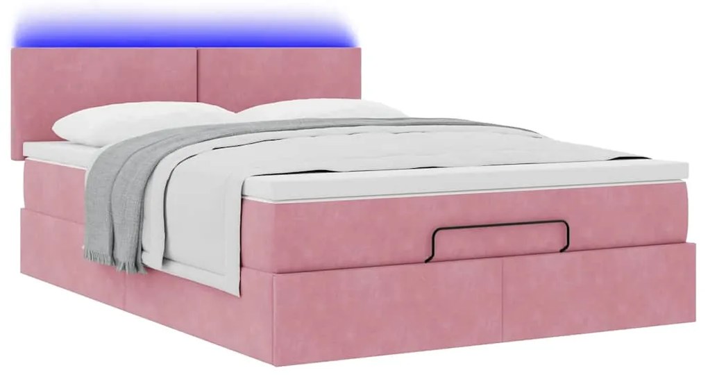 vidaXL Οθωμανικό κρεβάτι με στρώμα & LEDs Ροζ 140x190cm Velvet