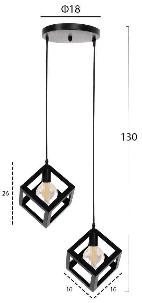 ΦΩΤΙΣΤΙΚΟ ΟΡΟΦΗΣ ΚΡΕΜΑΣΤΟ  2 ΚΥΒΟΙ ΜΑΥΡΟ ΜΕΤΑΛΛΟ Φ18x130Yεκ. 18x18x106 εκ.