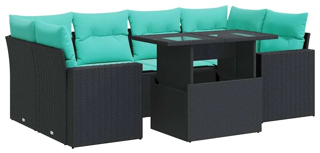 vidaXL Καναπές Σετ 7Τεμαχίων Μαύρο Συνθετικό Ρατάν με Μαξιλάρια Ακακία