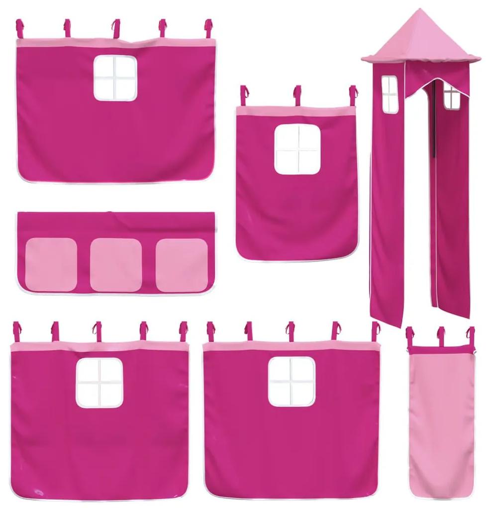 Υπερυψωμένο Κρεβάτι με Πύργο Ροζ 90x200 εκ. Μασίφ Ξύλο Πεύκου - Ροζ