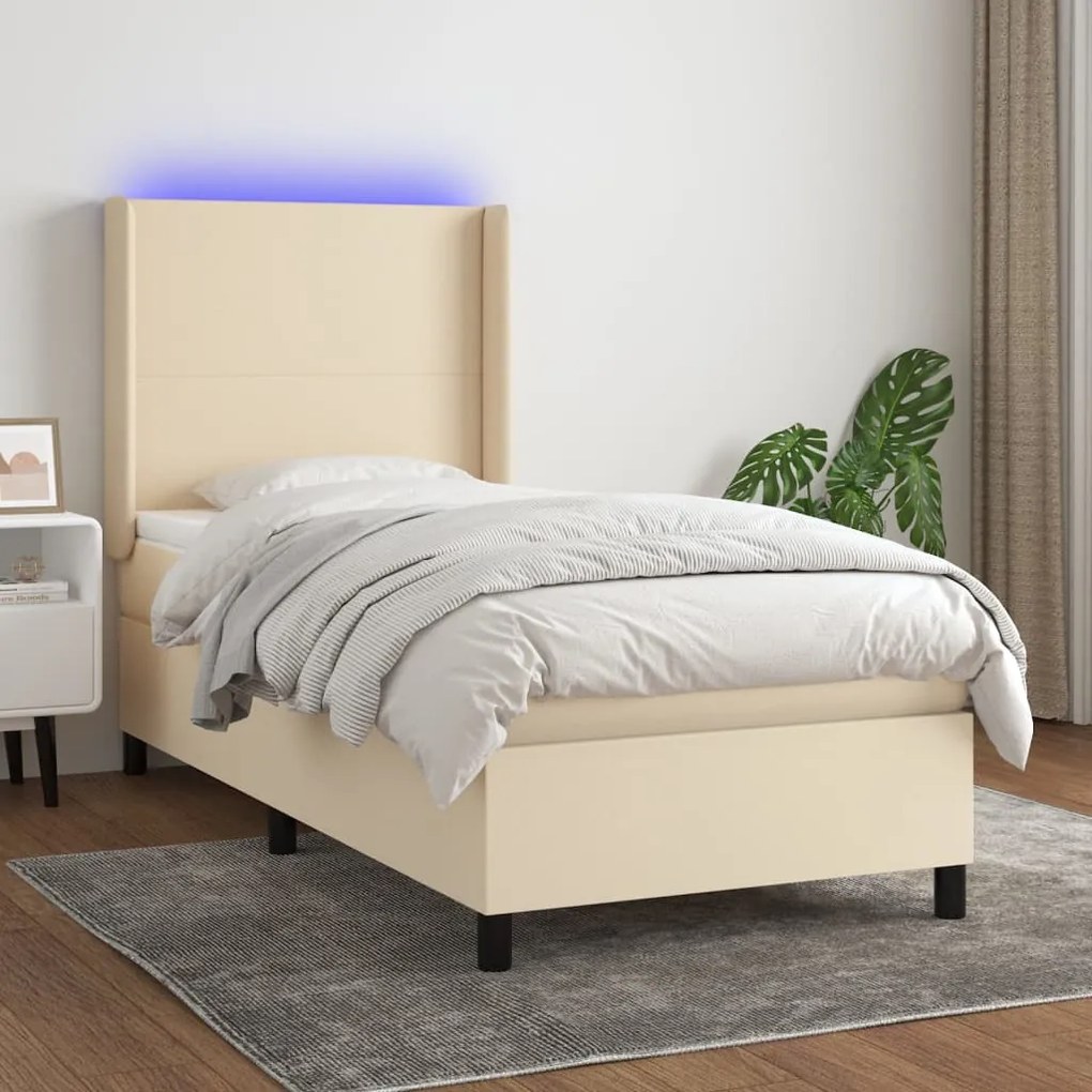 Κρεβάτι Boxspring με Στρώμα &amp; LED Κρεμ 100x200 εκ. Υφασμάτινο - Κρεμ